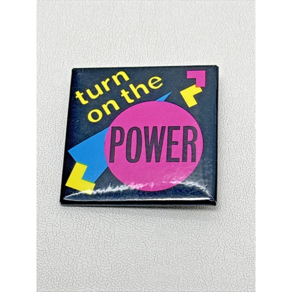 Vtg Happy Products Square Black 80s Pin Button Turn On The Power Retro Neon Pink